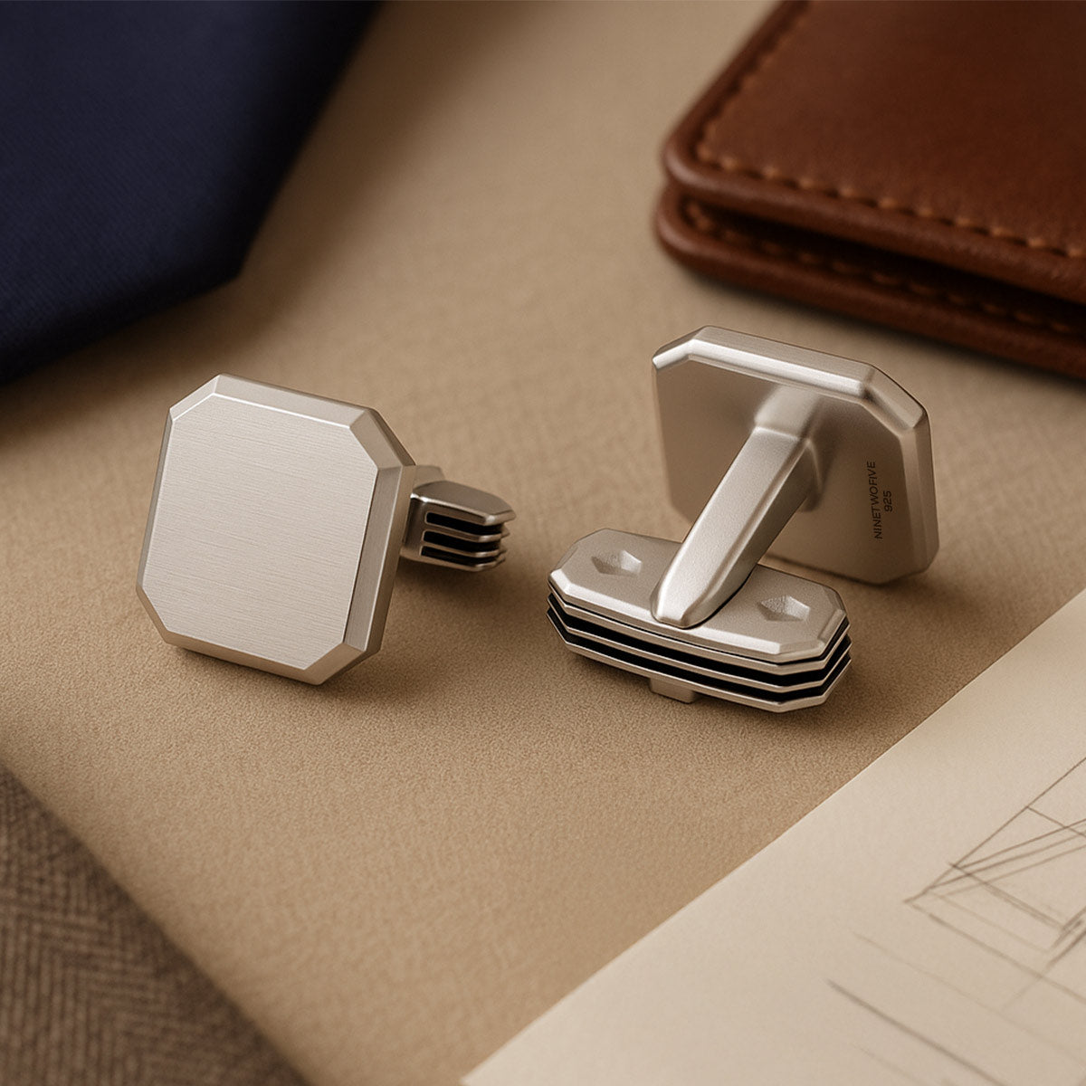 Hayel 925 silver matt finish men’s cufflinks from Ninetwofive with a pen and brown wallet background.