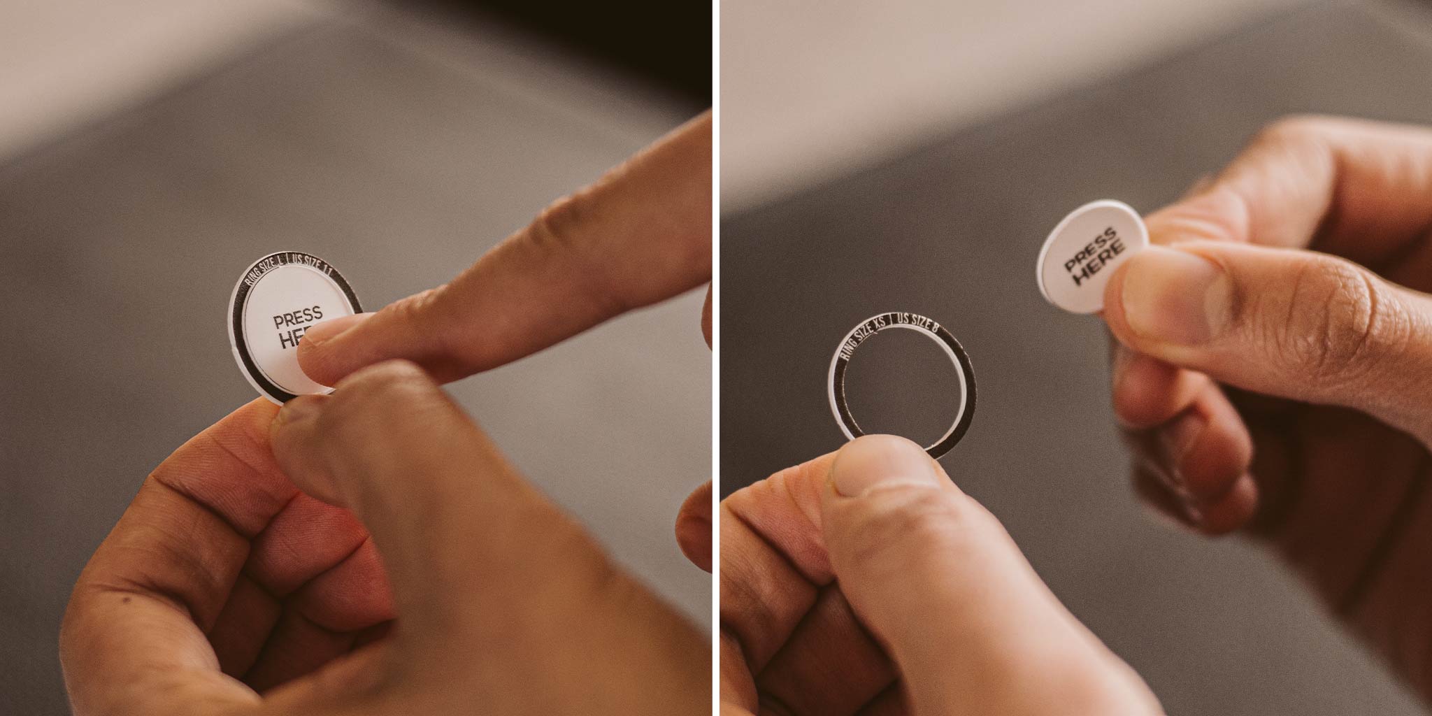 Two pictures of a person putting a ring on a finger.