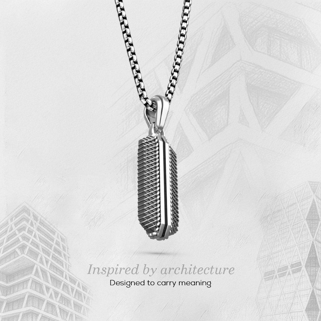 Kaliq sterling silver pendant with background sketch of Berlin 50Hertz building. Ninetwofive.