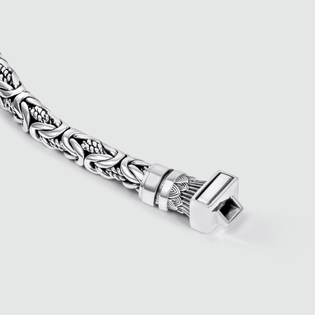 A side view of mens personalized silver Byzantine bracelet murtaza
