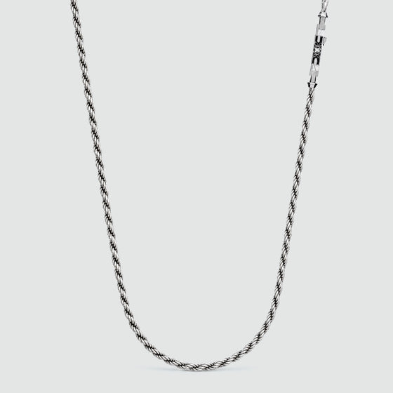 Munir sterling silver rope chain necklace, 3mm, with Gothic quatrefoil clasp
