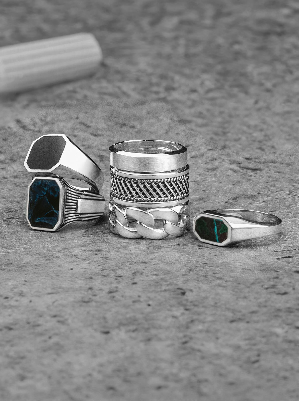 A set of personalised mens sterling silver rings from NineTwoFive