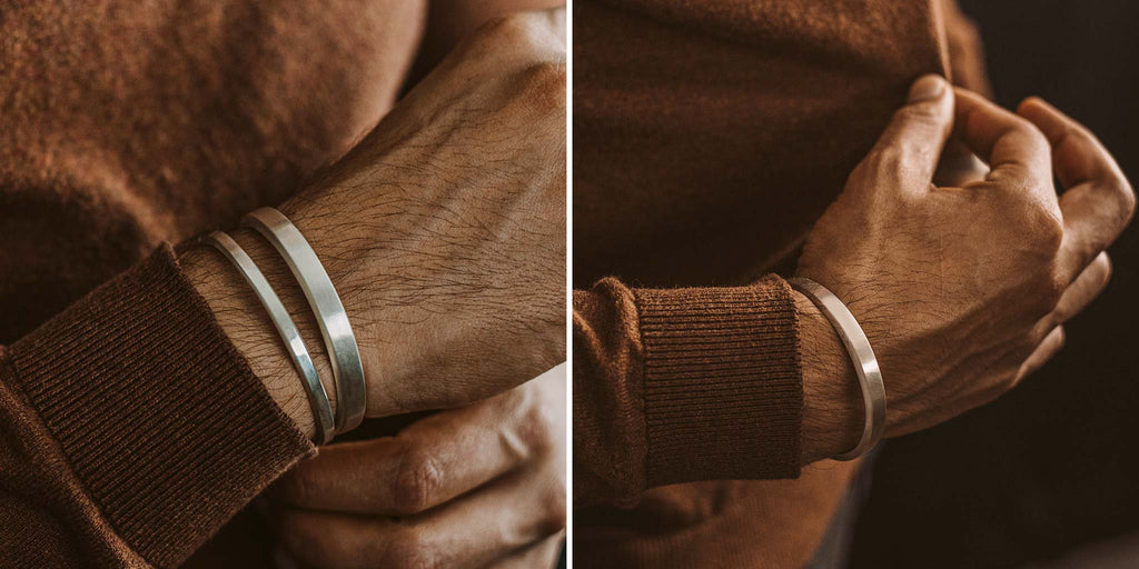 Two pictures of a man wearing a cuff bracelet.