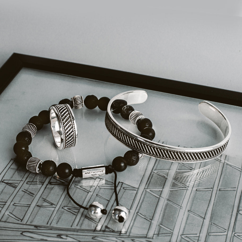 Personalised beaded silver bracelet and silver bangle for men from Ninetwofive, perfect gift for him.