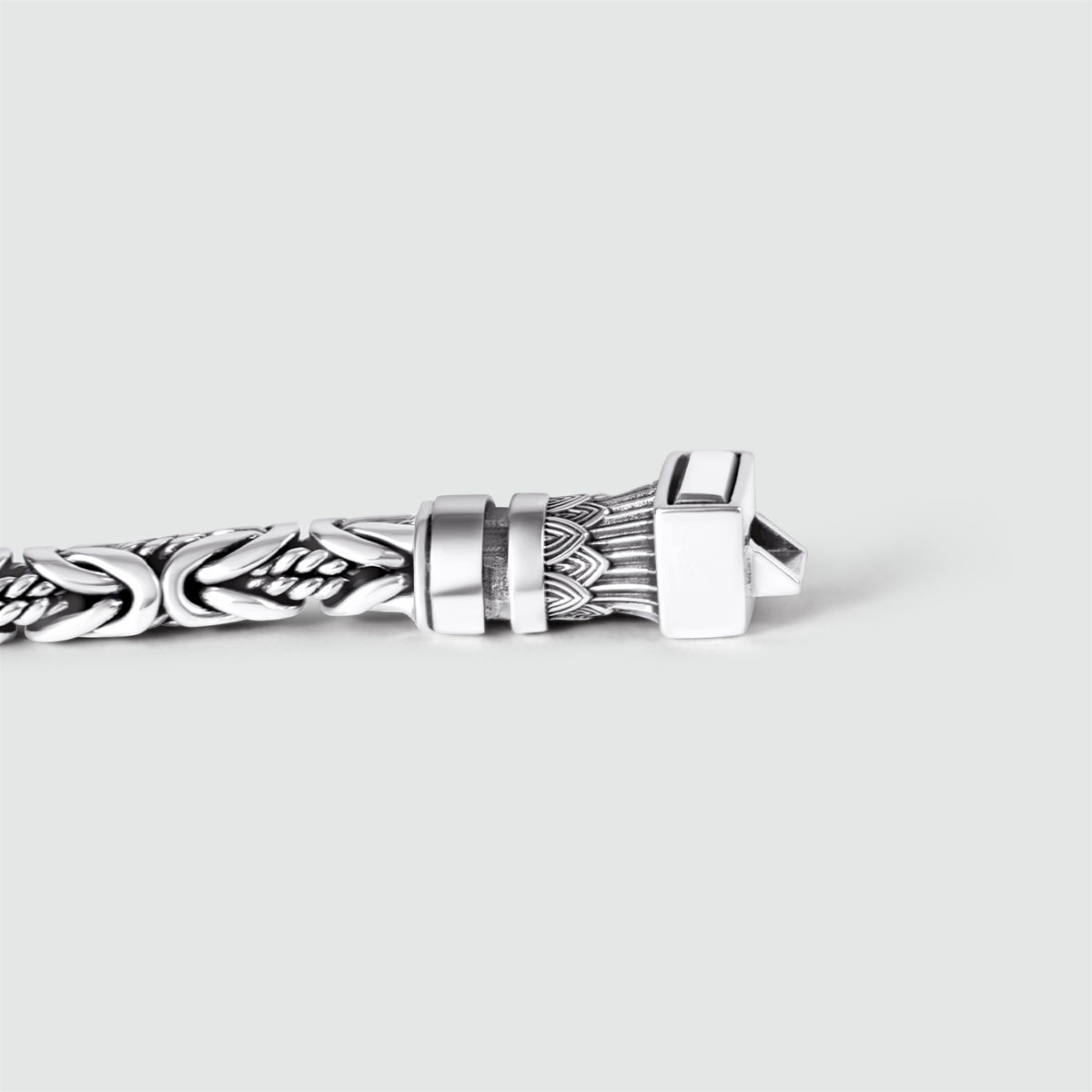 Close up of personalised mens silver Byzantine bracelet murtaza