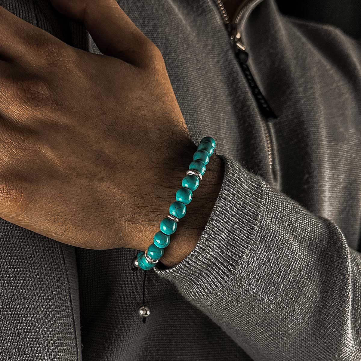 Nuri - Adjustable Turquoise Beaded Bracelet in Silver 8mm