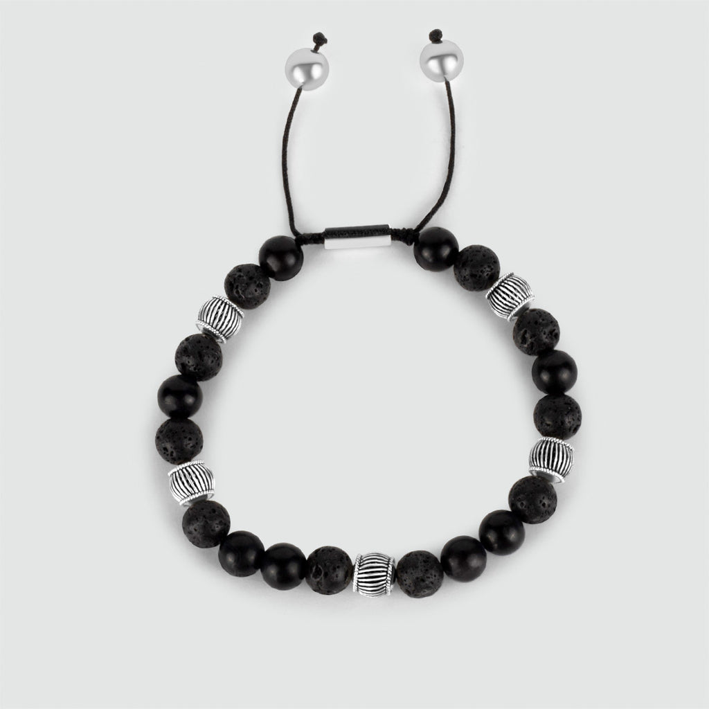 A Kaliq - Adjustable Onyx Black Beaded Bracelet in Silver 6mm with lava stone.