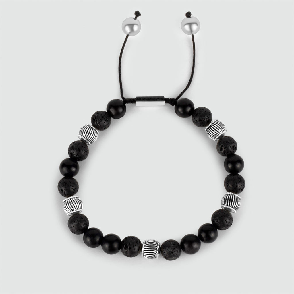A Kaliq - Adjustable Onyx Black Beaded Bracelet in Silver 8mm with silver beads.