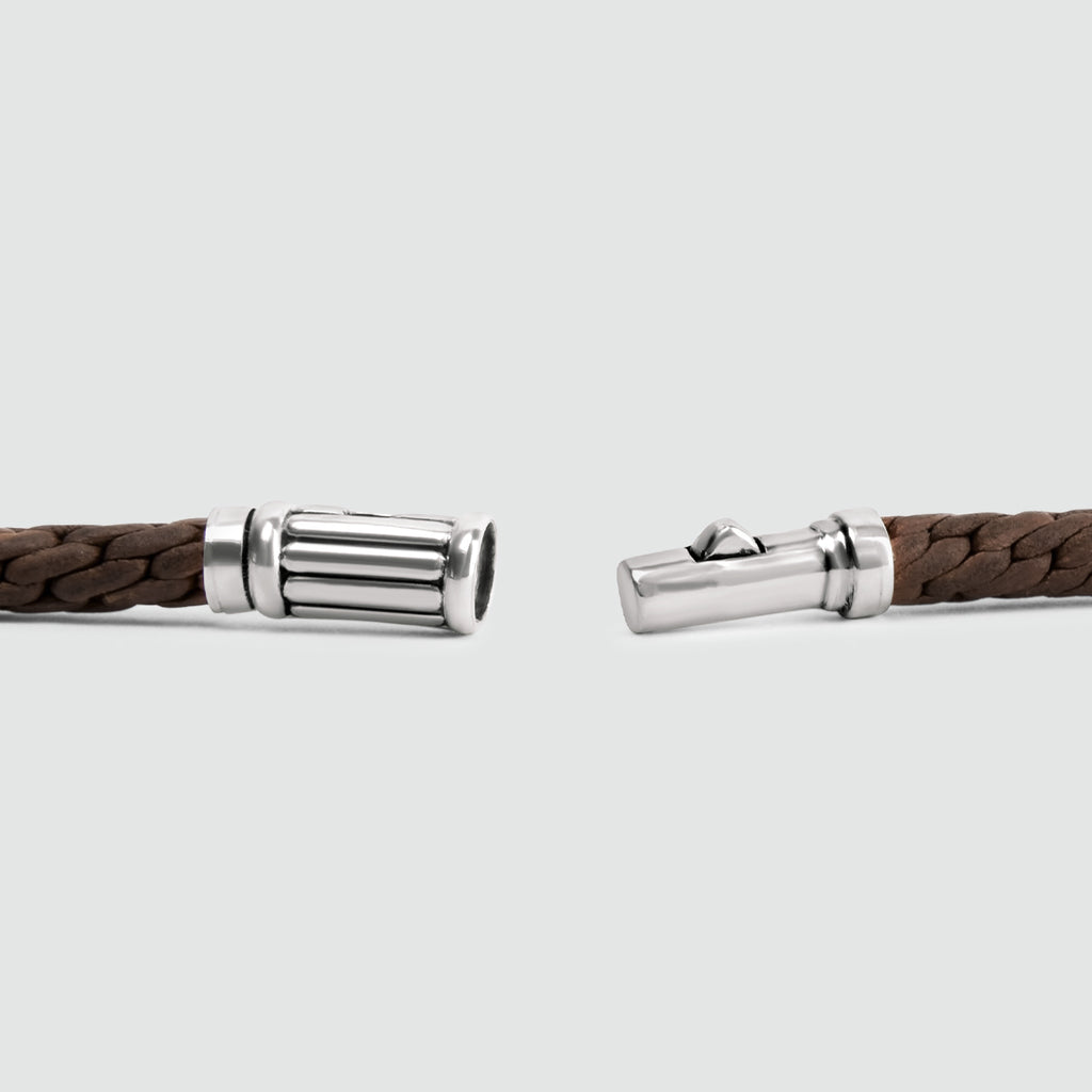 Two Taissir - Genuine Brown Leather 5mm cords on a solid silver mens bracelet.