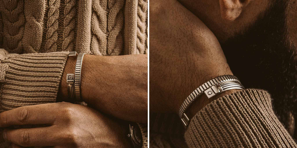 Two pictures of a man wearing a bracelet cuff.