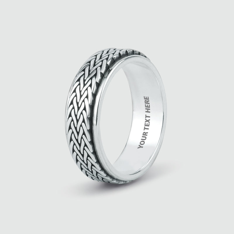 Close-up of the Ninetwofive Hani men's ring, showing the specific space available for free laser engraving inside the band.