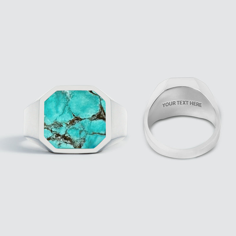 Two Nuri mens signet rings shown side-by-side; one highlights the turquoise stone, the other shows the free engraving area.