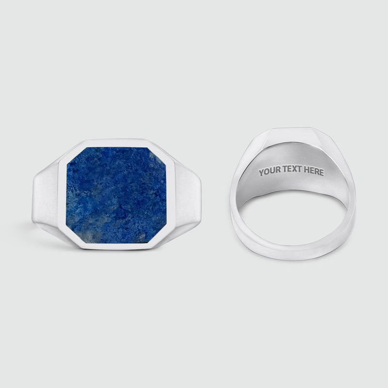 Two Kadar mens signet rings shown side-by-side, one highlights the blue Lapis Lazuli stone, the other shows the free engraving area by Ninetwofive.