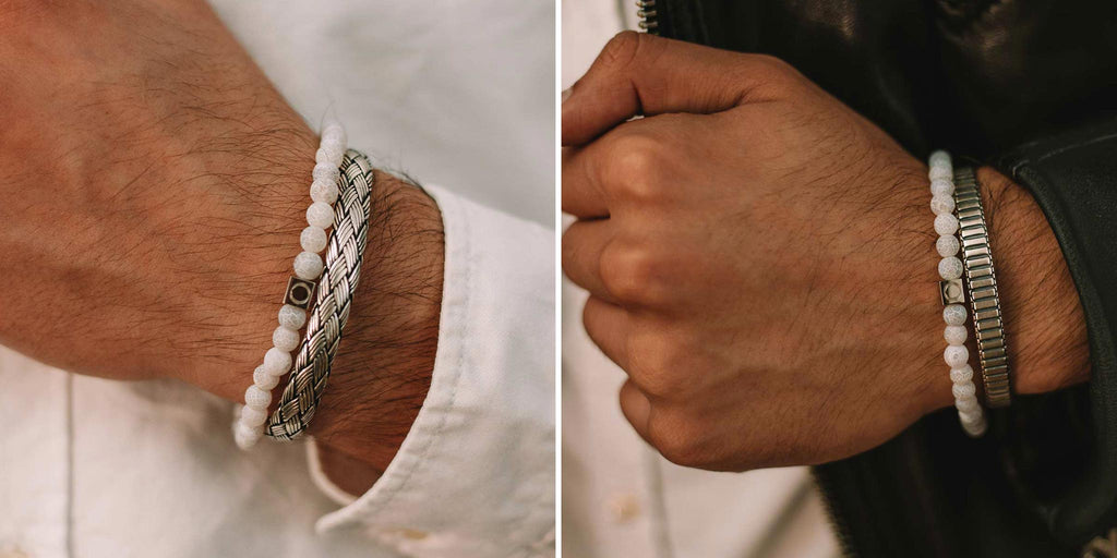Two pictures of a man wearing bracelets.
