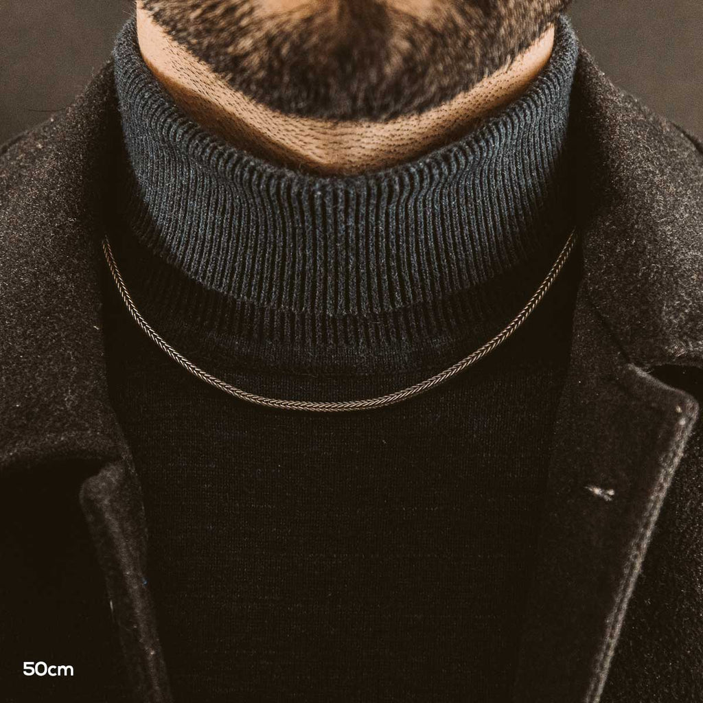 A close up of a bearded man wearing a necklace.