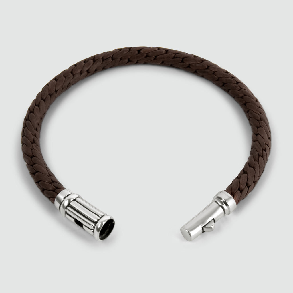 The Taissir - Genuine Brown Leather Bracelet 5mm, with a silver clasp, is perfect for a personalized touch.