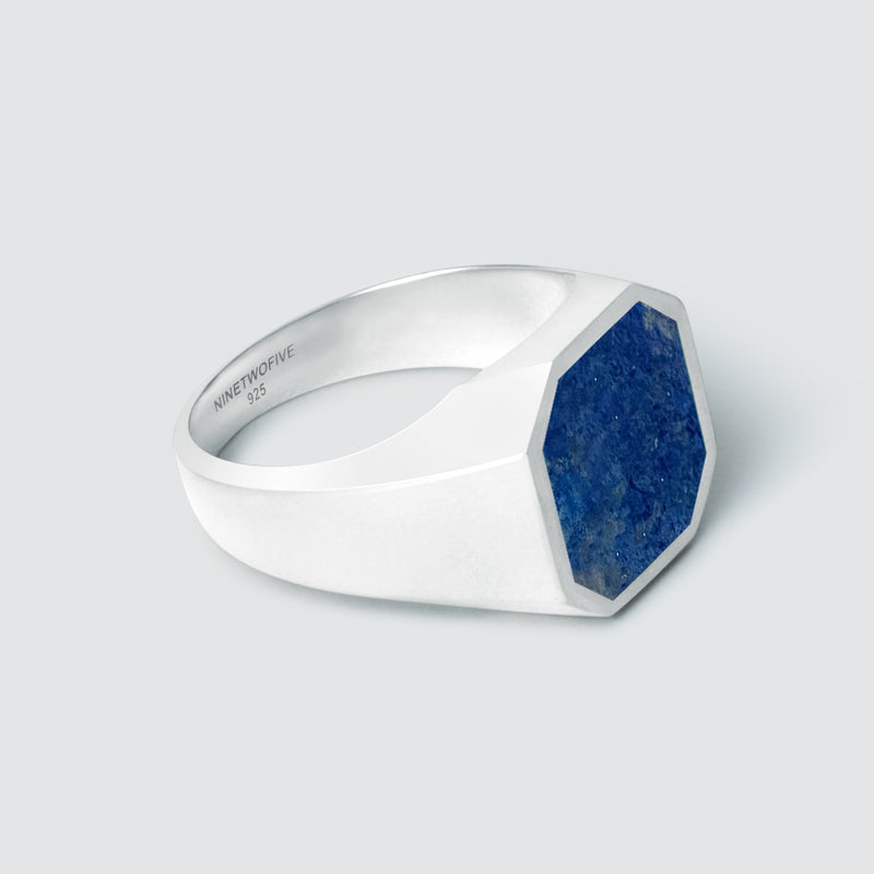 Close-up inside view of the tarnish free mens silver signet ring, showing the Ninetwofive and 925 engravings.