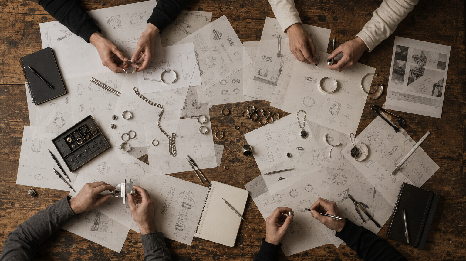 Draufsicht auf einen Arbeitsbereich für Schmuckdesign und -guss auf einem rustikalen Holztisch, auf dem mehrere Hände an einem Schreibtisch arbeiten, umgeben von Skizzen, Ringen, Ketten, Werkzeugen und Notizbüchern.