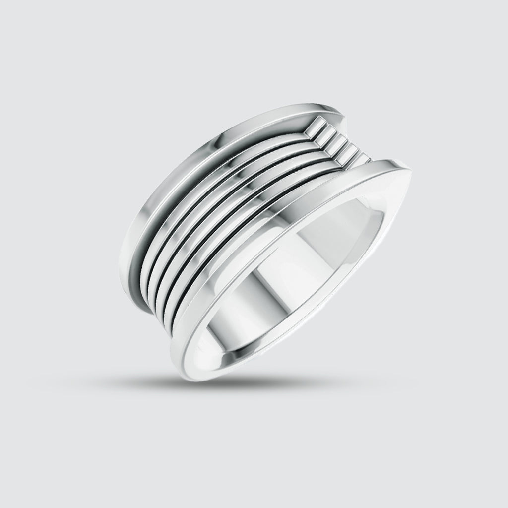 A men's Yanel - Oxidized Sterling Silver Ring 10mm with an engraved striped pattern.