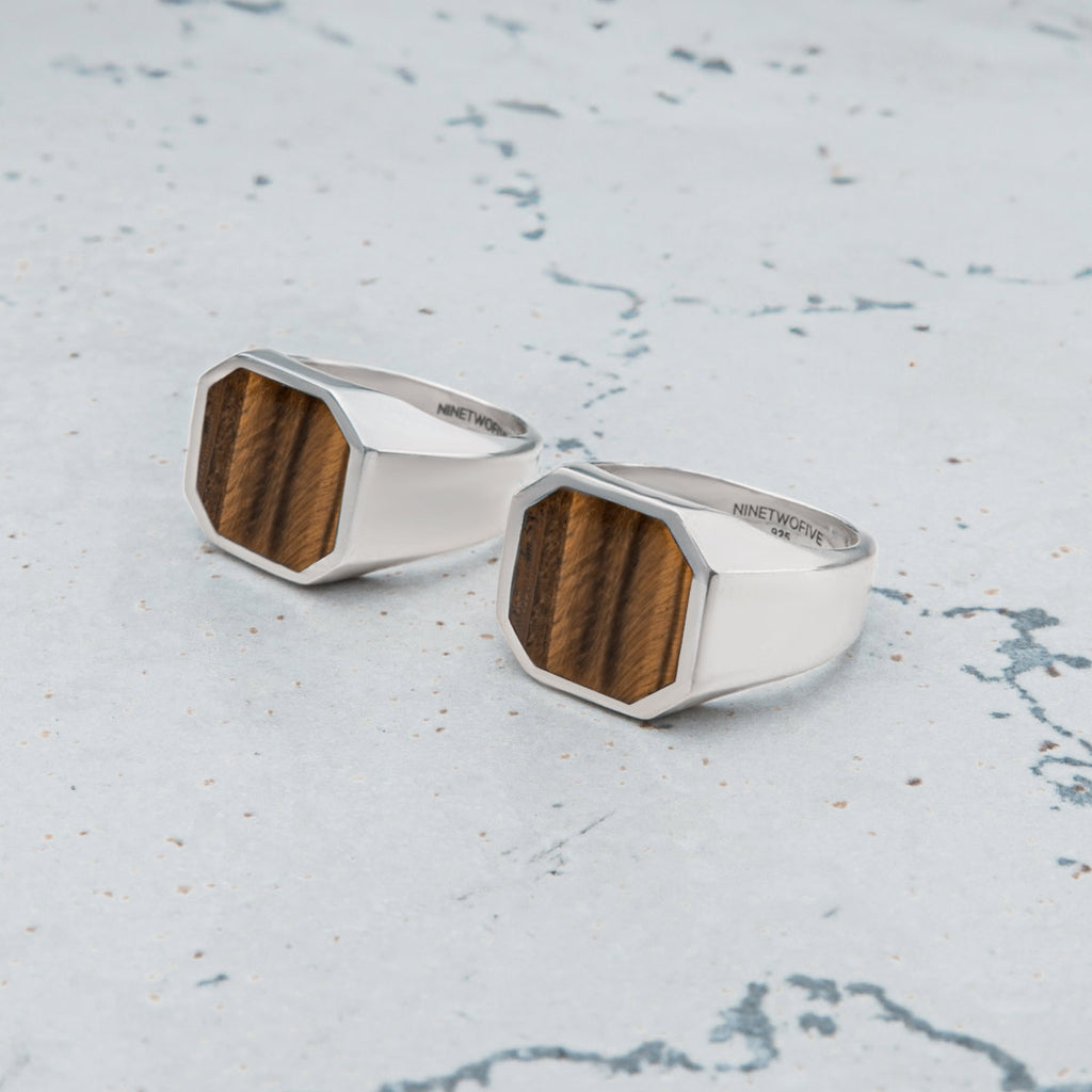 Twin Tiger Eye Signet Rings Highlighting the Unique Patterns of the Stones