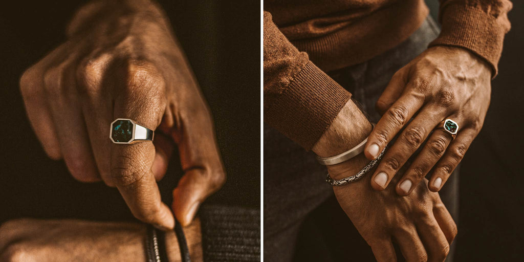 Two pictures of a man wearing a silver bracelet with an emerald stone.