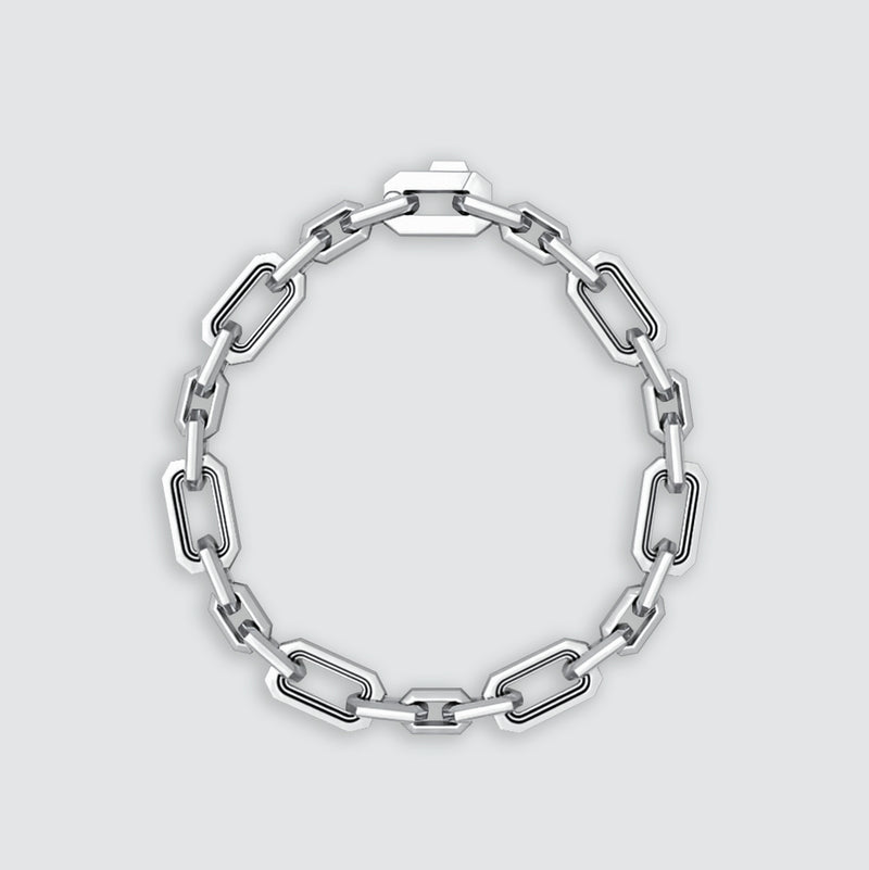Draufsicht auf das Aqdas-Armband aus Sterling Silber für Herren mit römischen Bögen. Ninetwofive