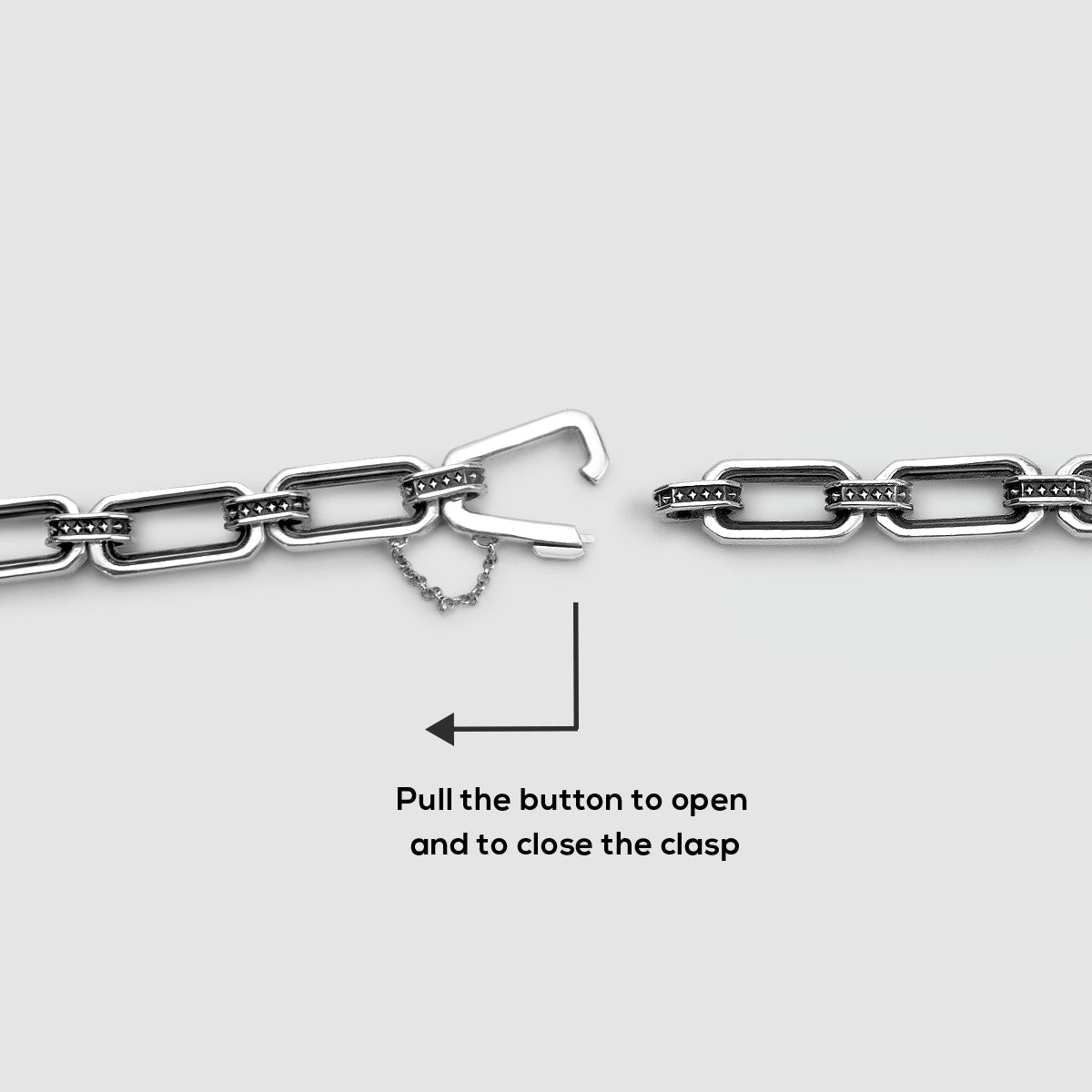 Close-up of the Aqwas mens sterling silver bracelet by Ninetwofive, showing its secure clasp lock view. 