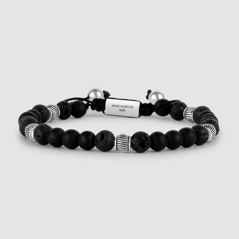 Kaliq – Verstellbares Armband aus schwarzen Onyx-Perlen in Silber, 6 mm