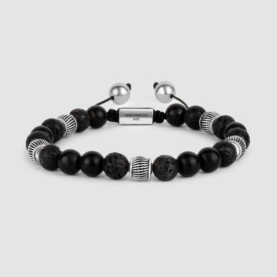 The Kaliq adjustable onyx black beaded mens bracelet in silver by Ninetwofive. 