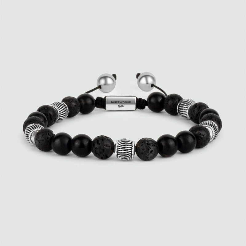 Kaliq – Verstellbares Armband aus schwarzen Onyx-Perlen in Silber, 8 mm