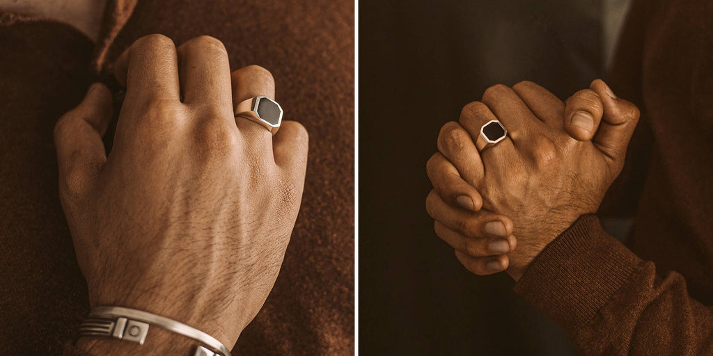Twee foto's van een man met een ring om zijn hand.