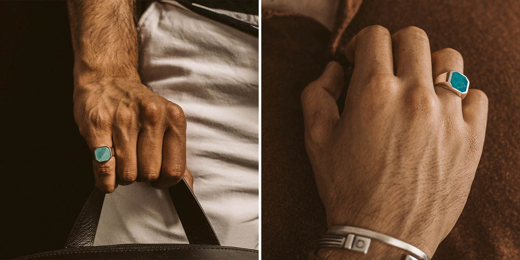 Two pictures of a man wearing a ring and a bag.