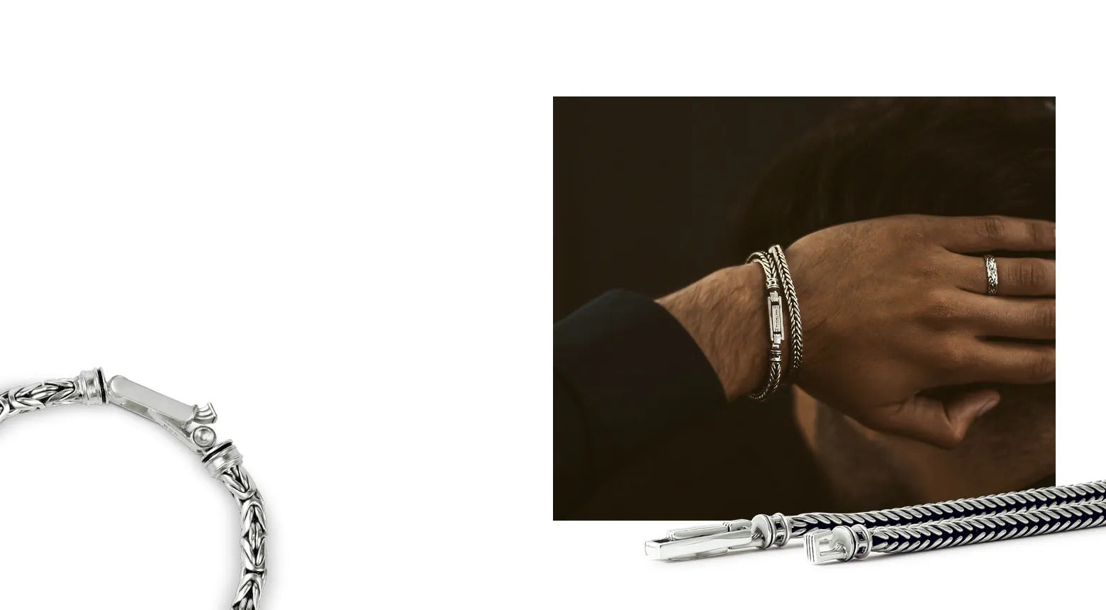 Man showing braided and byzantine bracelets with mens silver rings from Ninetwofive.