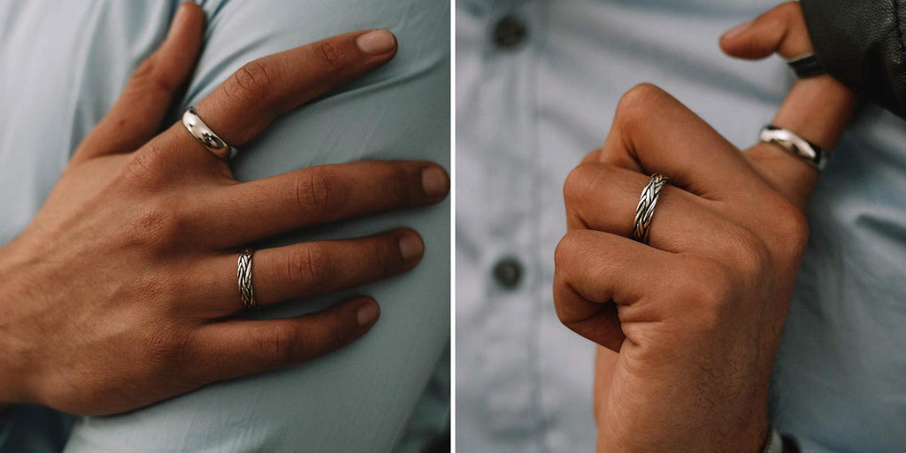 Zwei Bilder eines Mannes, der einen Ehering trägt.