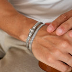 Idris - Braided Silver Bangle Bracelet 8mm styled with a woven silver bracelet