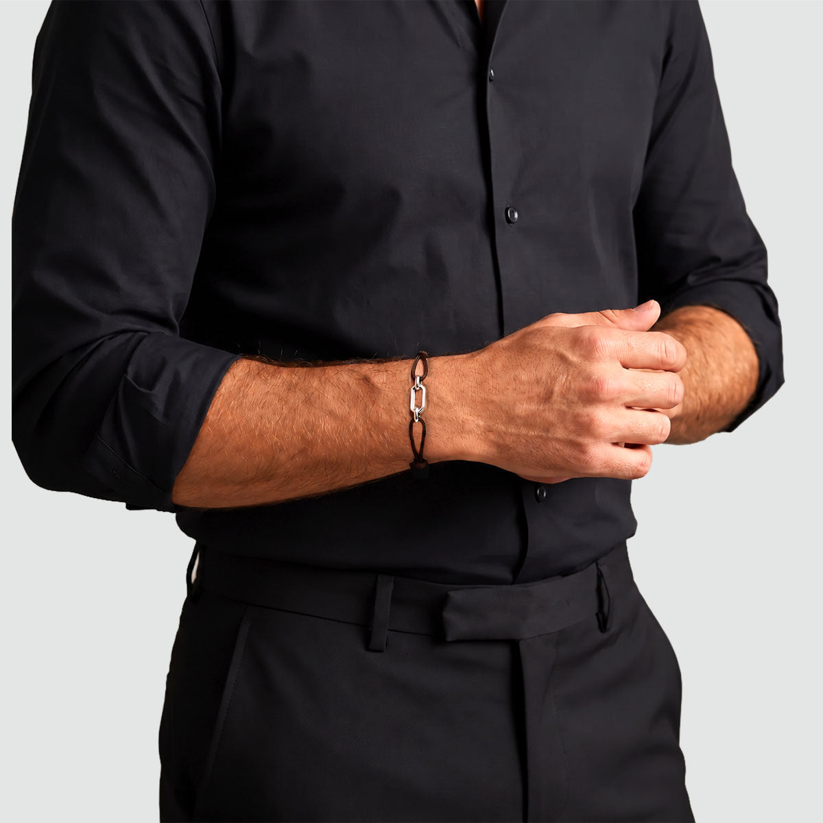 Aazim – Brown Rope Chain Link Bracelet – styled with a black shirt - NineTwoFive