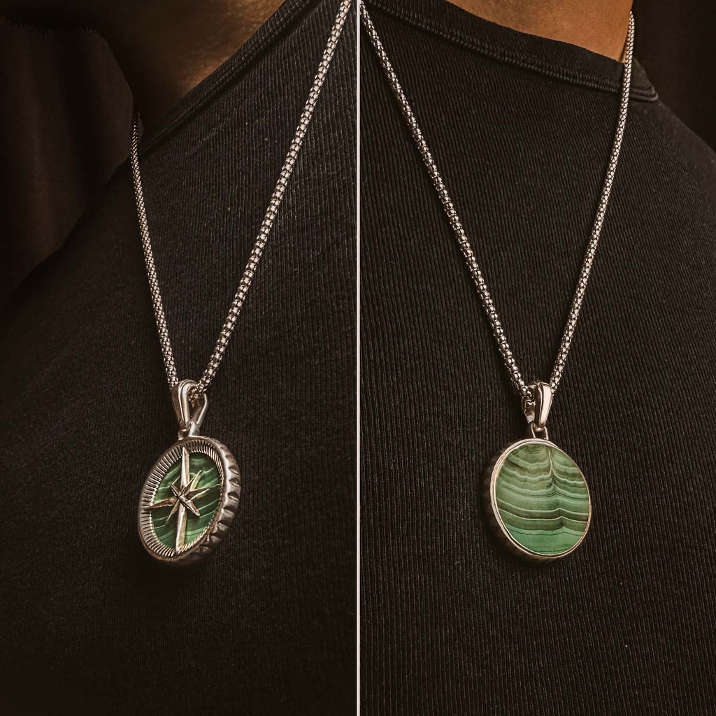 Two pictures of a man wearing a Safar - Sterling Silver Malachite Compass Pendant.
