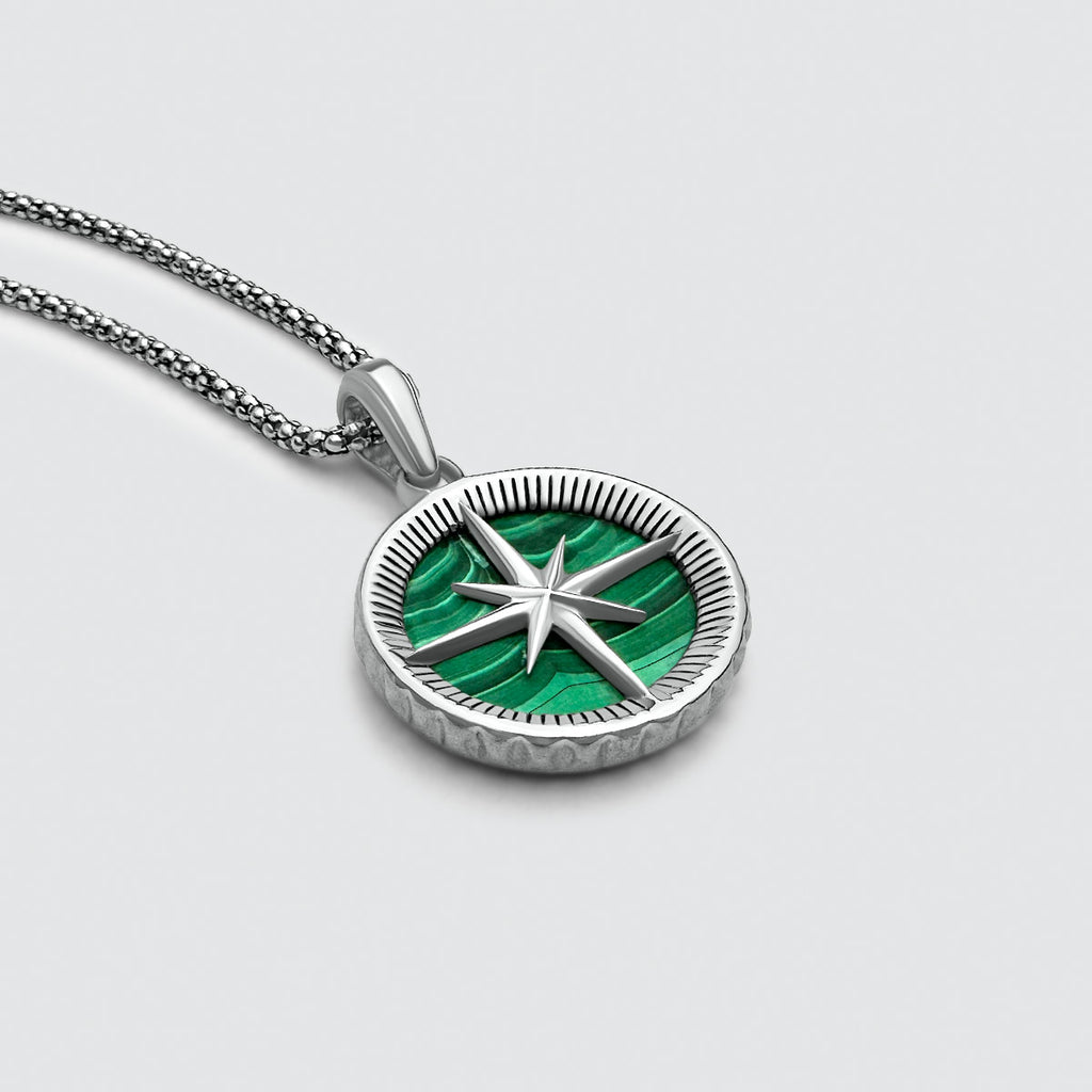 The Safar - Sterling Silver Malachite Compass Pendant on a silver chain is the perfect mens silver chain necklace.