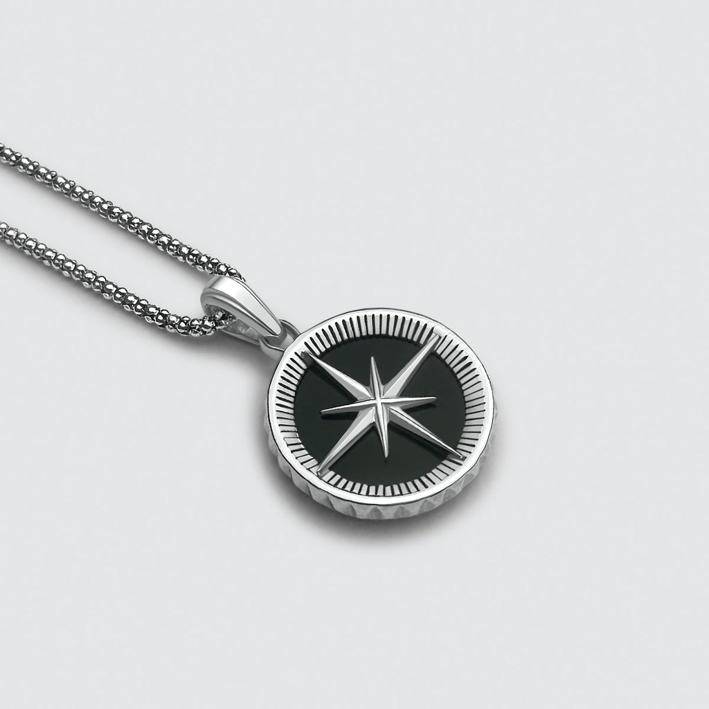 A silver mens chain necklace featuring the Safar - Sterling Silver Onyx Compass Pendant.