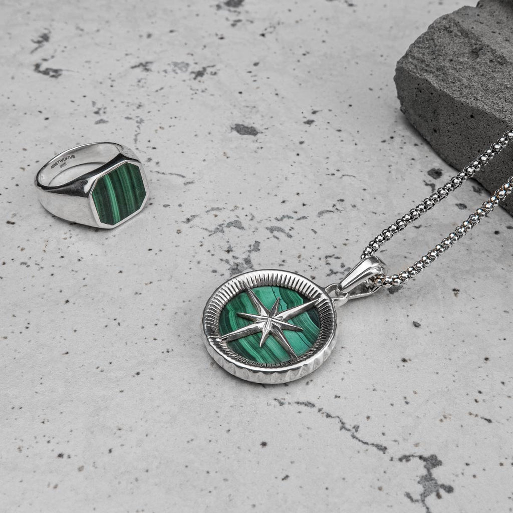 Malachite compass necklace and mens signet ring set.