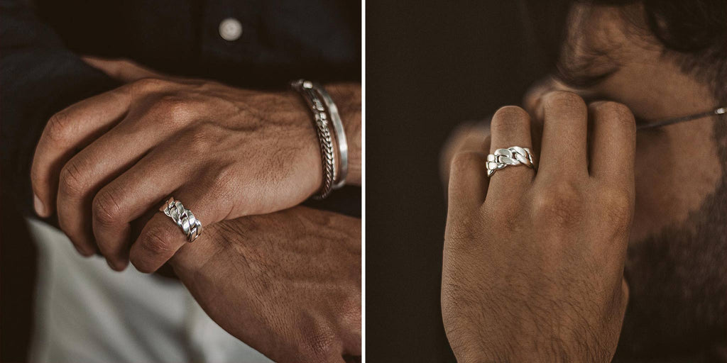 Zwei Bilder von einem Mann, der einen Ring am Finger trägt.