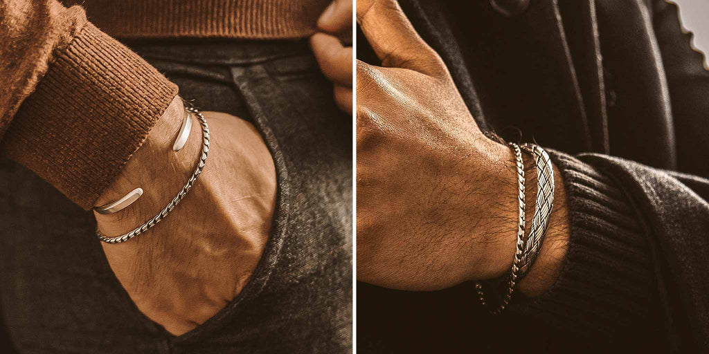 Two pictures of a man wearing different bracelets.