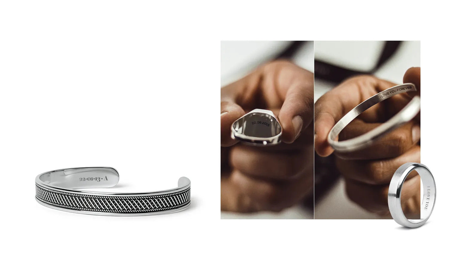 Man showing mens rings and engraved silver bangles for personalised jewellery from Ninetwofive. 