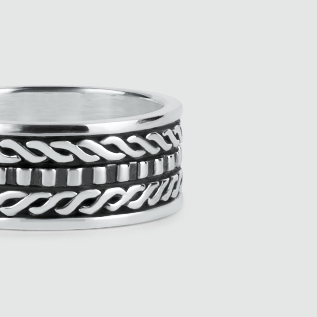 Fariq - Bague en argent sterling oxydé de 10 mm avec un motif noir et argenté.