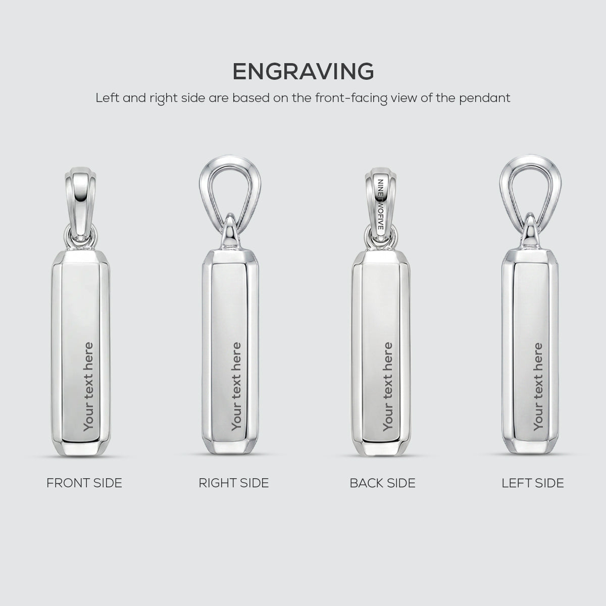 Silver pendant with engraved text on four different sides on a light gray background.