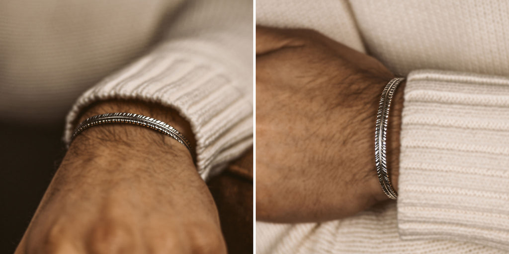 Two pictures of a man wearing a bracelet.