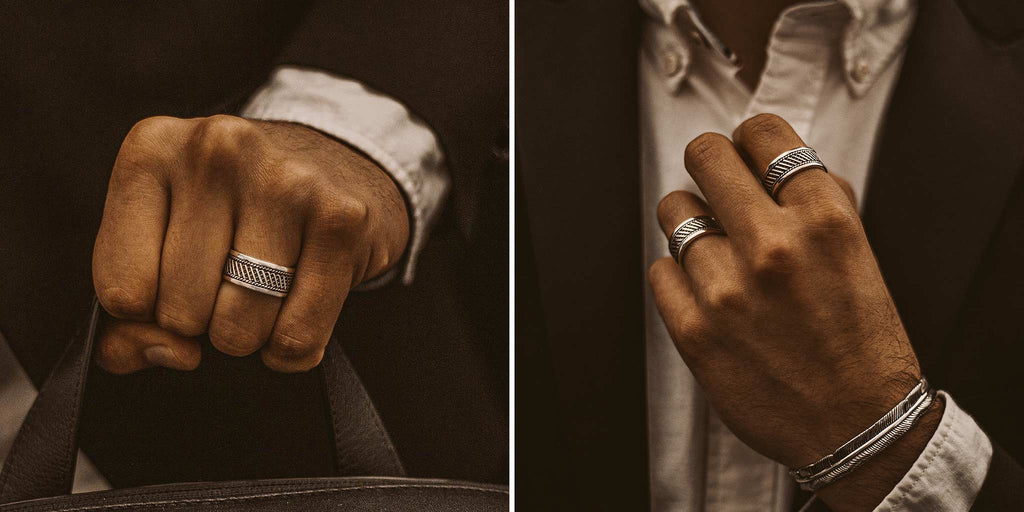 Twee foto's van een man met een ring aan zijn hand.