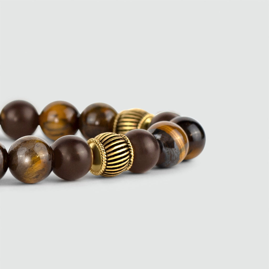 Kaliq - Bracelet réglable en perles d'oeil de tigre en or 6mm et pierre d'ébène.