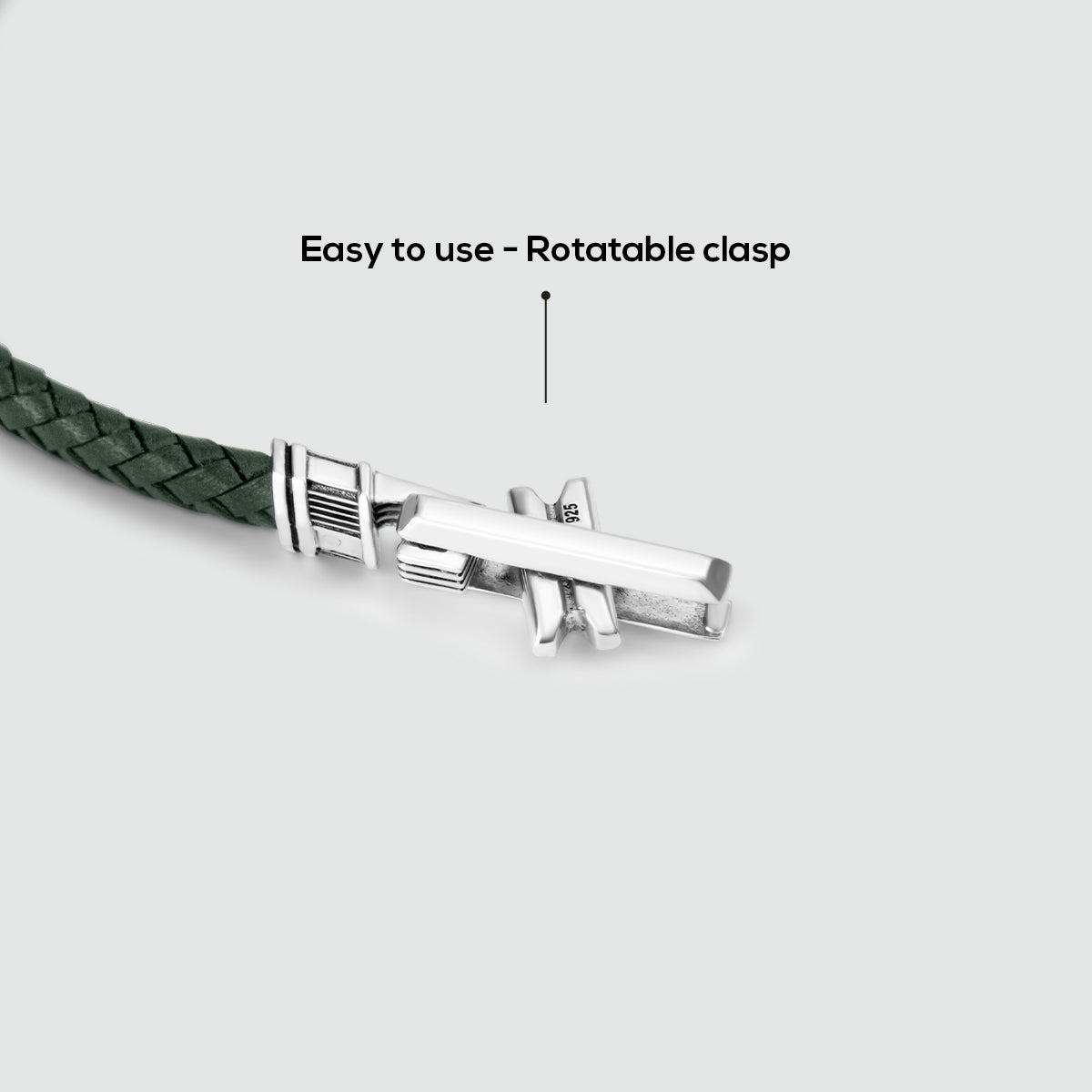 Rayhan - Braided Green Leather Bracelet with Sterling Silver 5.5mm - Rotatable Clasp Detail - NineTwoFive