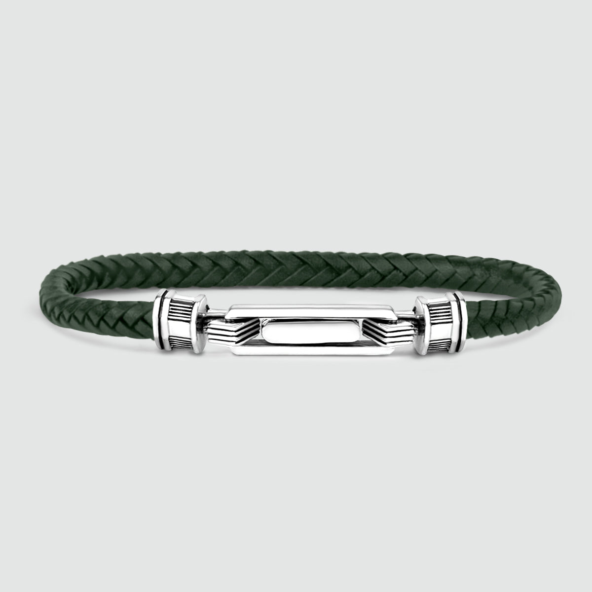 Rayhan - Braided Green Leather Bracelet with Sterling Silver 5.5mm - Front View - NineTwoFive